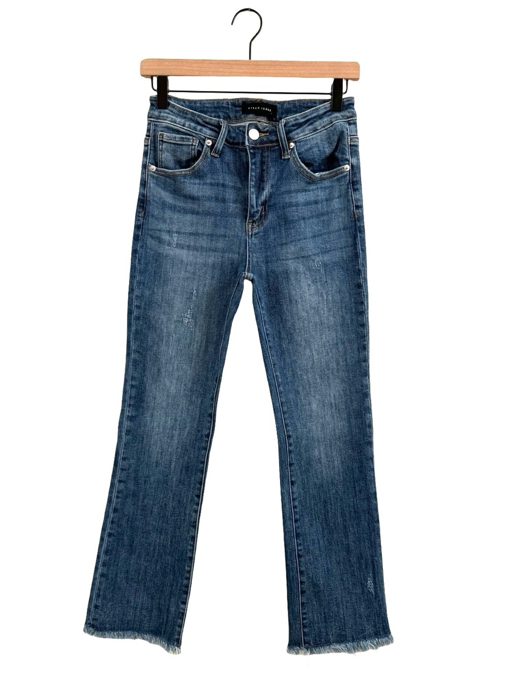 Risen Denim Blue Flare Jeans with Raw Hem